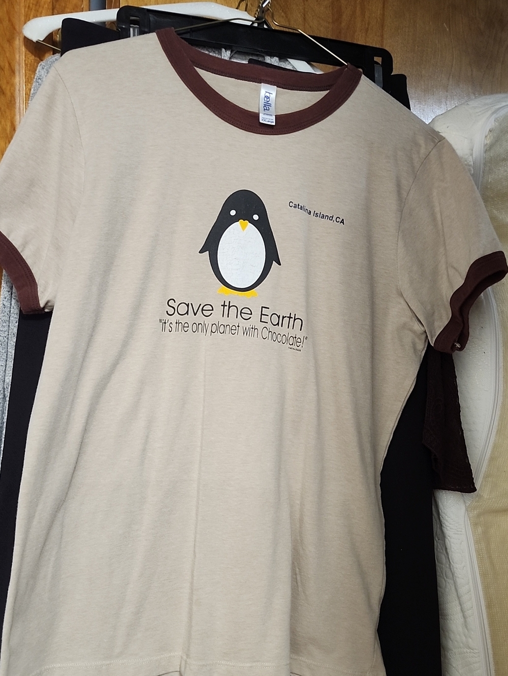 Save the Earth Penguin Ringer Tee - Beige with Brown Trim
